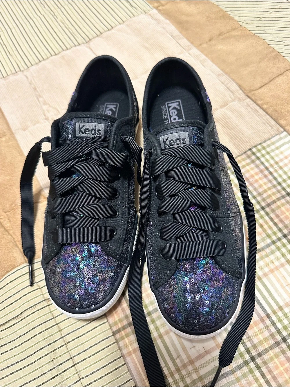 Keds Kids Black Iridescent Sequin Ribbon Lace Sneakers